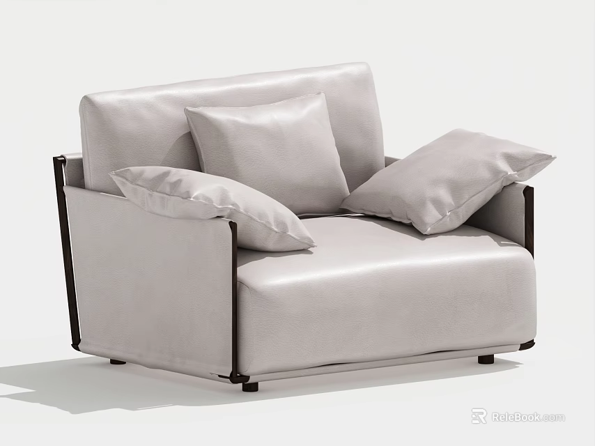 Stylish Light Gray Leather Single Seater Sofa With Plush Cushions And Dark Frame 3d model 