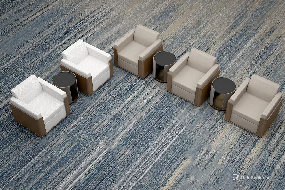 Four White and Beige Single Sofas With Black Round Side Tables On Blue Gray Carpet 3d model