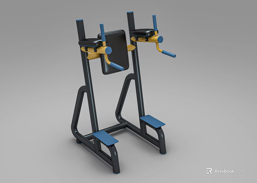 Parallel Bar Strength Training Equipment with Black Frame Blue Handles and Yellow Accents 3d model 