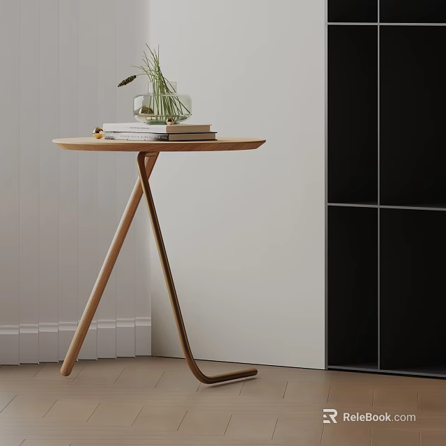Wooden Round Side Table With Modern Cross Legs And Stacked Books Green Plant In Vase 3d model 