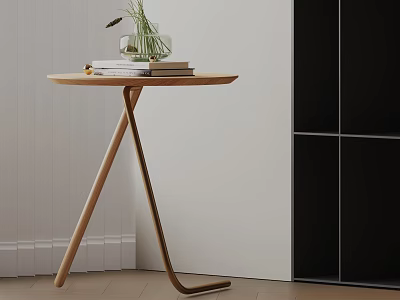 Wooden Round Side Table With Modern Cross Legs And Stacked Books Green Plant In Vase 3d model