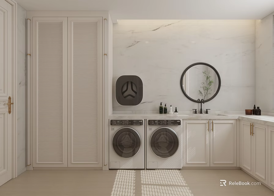 Modern Luxurious Laundry Room With Double Washing Machines White Cabinets Marble Wall And Round Mirror 3d model 