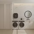 Modern Luxurious Laundry Room With Double Washing Machines White Cabinets Marble Wall And Round Mirror