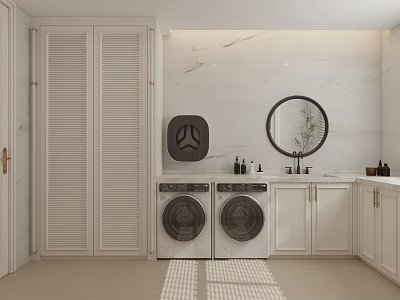 Modern Luxurious Laundry Room With Double Washing Machines White Cabinets Marble Wall And Round Mirror 3d model