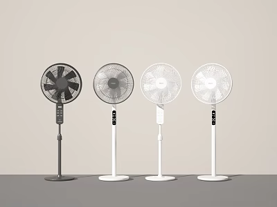 Four Different Colored Pedestal Fans with Circular Blades Stand Base and Modern Design 3d model