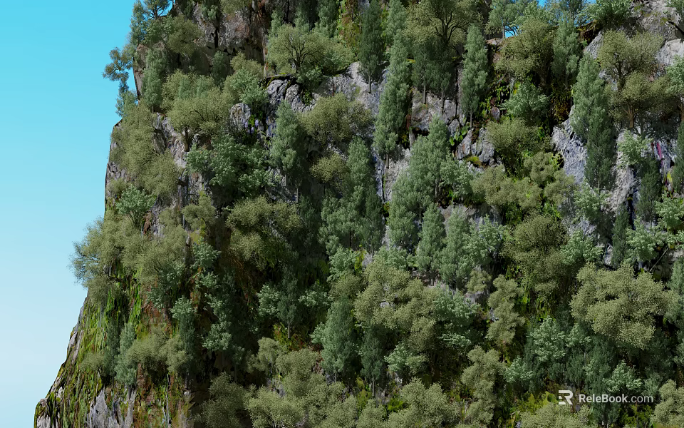Garden Landscape Featuring Lush Green Vegetation on Steep Cliff Under Blue Sky 3d model 