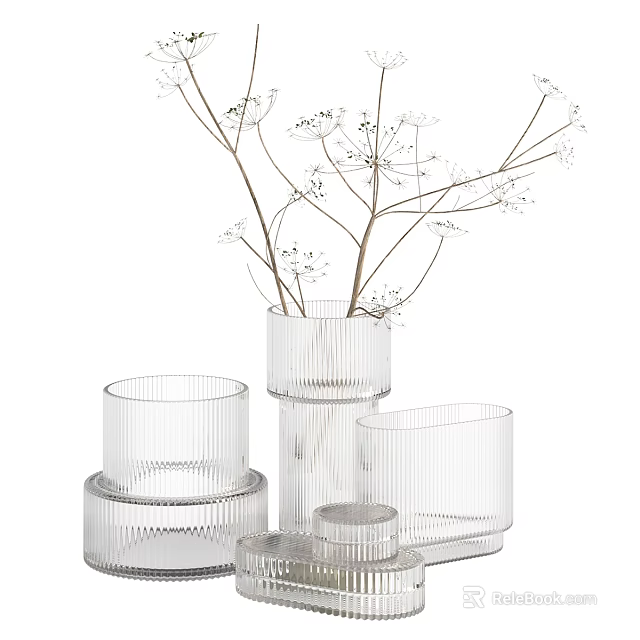 Decorative Transparent Glass Vases With Ribbed Design And White Flower Branches 3d model 