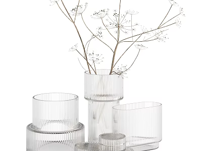 Decorative Transparent Glass Vases With Ribbed Design And White Flower Branches 3d model