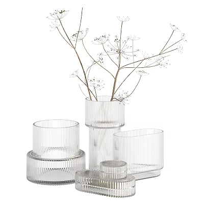 Decorative Transparent Glass Vases With Ribbed Design And White Flower Branches 3d model