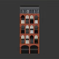 Cartoon Scene Of Multi Story Red Building With Windows Green Awnings And Gray Roof