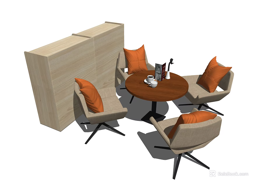 Round Wooden Table and Orange Cushioned Chairs Set With Partition Cabinet 3d model 