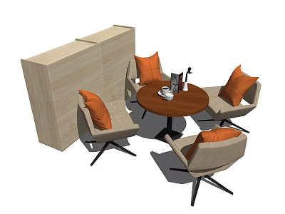 Round Wooden Table and Orange Cushioned Chairs Set With Partition Cabinet 3d model