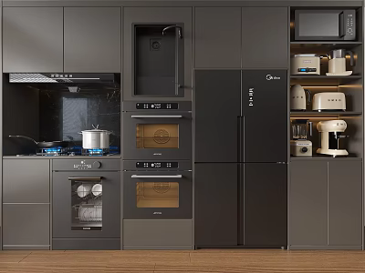 Modern Kitchen Appliances in Sleek Dark Gray Kitchen with Gas Stove Oven Refrigerator and Microwave 3d model