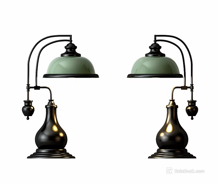 Pair of Vintage Table Lamps With Green Shade Black Metal Base And Curved Arm 3d model 