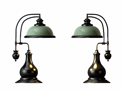 Pair of Vintage Table Lamps With Green Shade Black Metal Base And Curved Arm 3d model