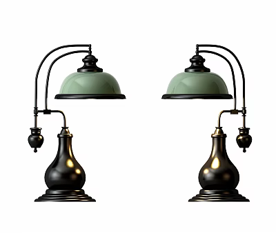 Pair of Vintage Table Lamps With Green Shade Black Metal Base And Curved Arm 3d model