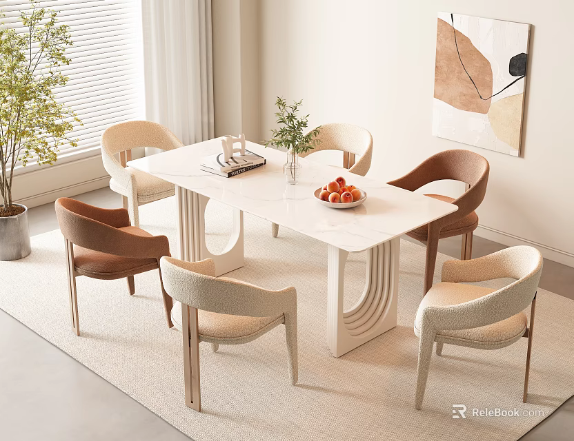 Modern Dining Table Set with Beige Brown Chairs Green Plant Fruit Bowl and Wall Art 3d model 