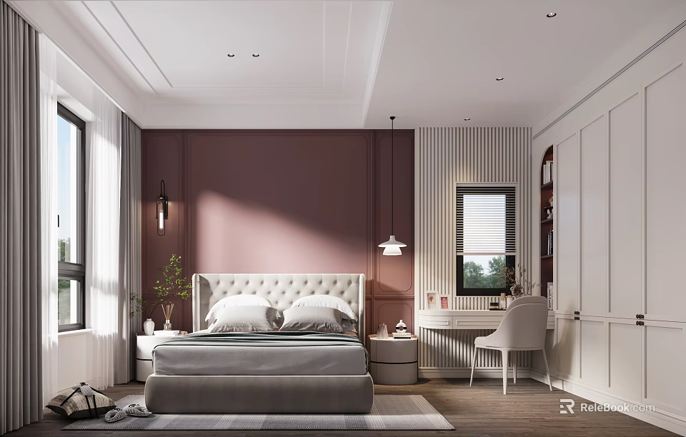 Modern Bedroom Interior With Upholstered Bed Nightstand Lamp Dressing Table And Chair 3d model 