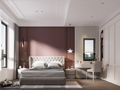 Modern Bedroom Interior With Upholstered Bed Nightstand Lamp Dressing Table And Chair 3d model