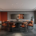Modern Restaurant Interior Design Featuring Round Table Orange Chairs And Gray Walls 3d model