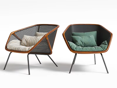 Modern Accent Chairs With Rattan Weave Design And Striped Green Cushions On Metal Legs 3d model