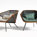 Modern Accent Chairs With Rattan Weave Design And Striped Green Cushions On Metal Legs
