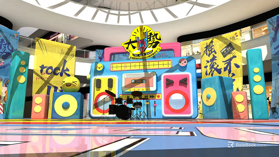 Vibrant Rock Themed Stage With Colorful Decorations Drums Speakers And Music Setup 3d model 