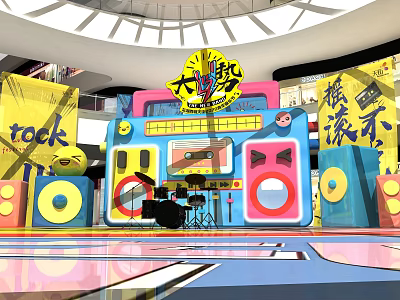 Vibrant Rock Themed Stage With Colorful Decorations Drums Speakers And Music Setup 3d model