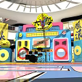 Vibrant Rock Themed Stage With Colorful Decorations Drums Speakers And Music Setup