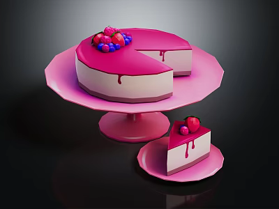 Delicious Pink Cake Topped With Fresh Berries And Sliced Piece On Pink Plate 3d model