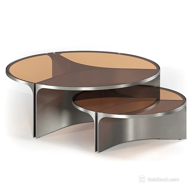 Modern Nested Coffee Tables With Silver Metal Frame And Brown Glass Top 3d model 