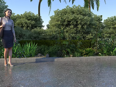Professional Woman Standing in Outdoor Garden With Palm Trees Green Bushes and Lush Greenery 3d model