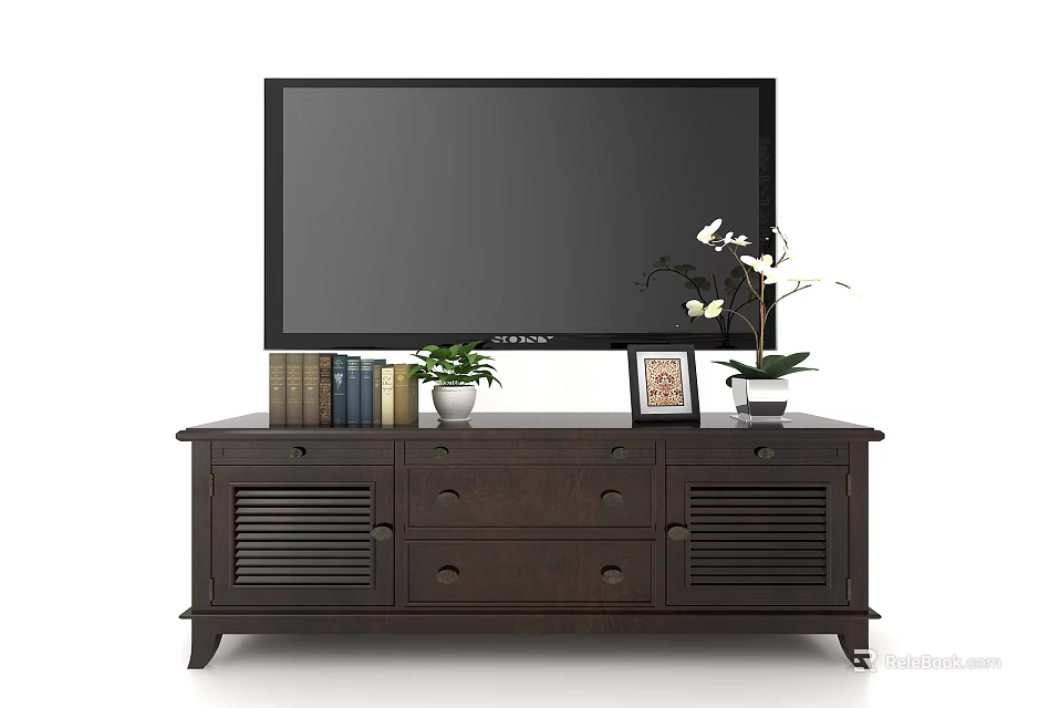 Dark TV Stand With Books Potted Plant Photo Frame Orchid Drawers And Louvered Doors 3d model 