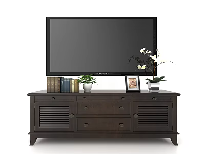 Dark TV Stand With Books Potted Plant Photo Frame Orchid Drawers And Louvered Doors 3d model