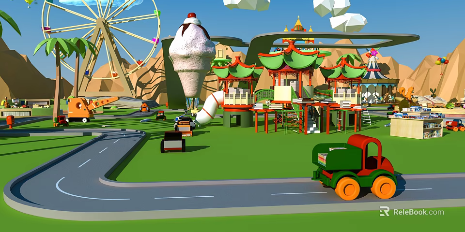 Colorful Cartoon Amusement Park Scene With Ferris Wheel Giant Ice Cream Cone And Pagoda Structures 3d model 