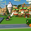 Colorful Cartoon Amusement Park Scene With Ferris Wheel Giant Ice Cream Cone And Pagoda Structures