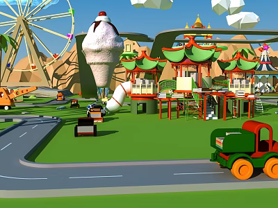 Colorful Cartoon Amusement Park Scene With Ferris Wheel Giant Ice Cream Cone And Pagoda Structures 3d model