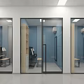 Elevator Hallway With Glass Doors White Walls Ceiling Lights And Wooden Cabinets