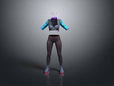 Fashionable Women's Outfit with Black Top Contrast Blue Sleeves Textured Dark Pants and Pink Shoes 3d model