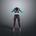 Fashionable Women's Outfit with Black Top Contrast Blue Sleeves Textured Dark Pants and Pink Shoes