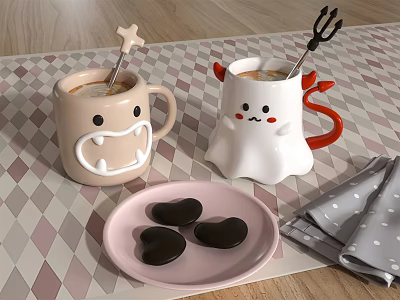 Cute Ghost and Monster Shaped Mugs with Heart Cookies Star Fork Stirrers Pink Plate and Polka Dot Napkin 3d model
