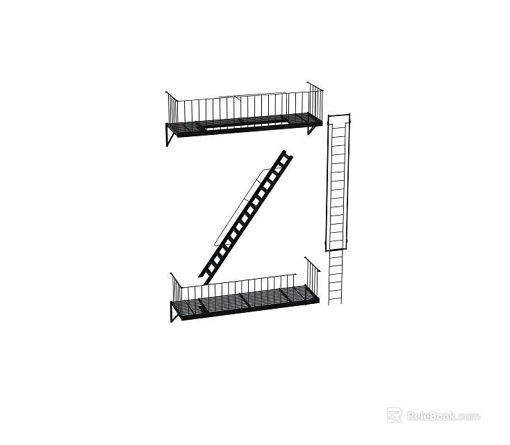 Z Shaped Staircase Structure With Metal Railing And Steps Design 3d model