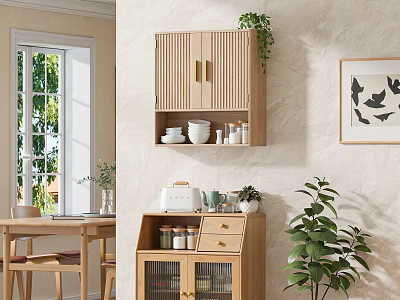 Minimalist Dining Living Room Interior With Wooden Cabinet Shelf And Green Plants 3d model