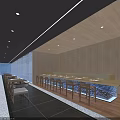 Modern Restaurant Interior With Glass Facade And Blue Lighting Design Layout 3d model