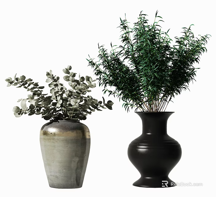 Decorative Gray and Black Ceramic Vases with Eucalyptus and Green Foliage Arrangement 3d model 