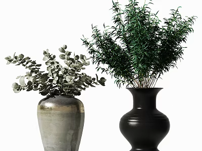 Decorative Gray and Black Ceramic Vases with Eucalyptus and Green Foliage Arrangement 3d model