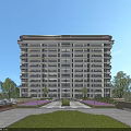 Modern High Rise Residential Building With Front Courtyard Greenery And Purple Flowers