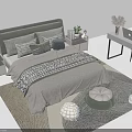 Double Bed With Gray Headboard Pillows And Bedding On Patterned Rug With Nightstands Stools And Desk