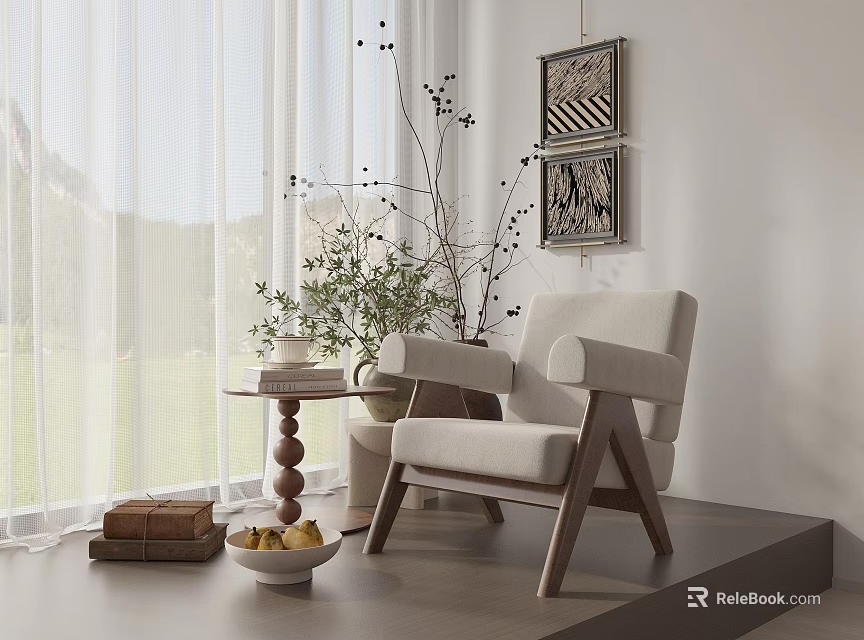 Beige Accent Chair With Wooden Legs Side Table Curtains And Decorative Wall Art 3d model 