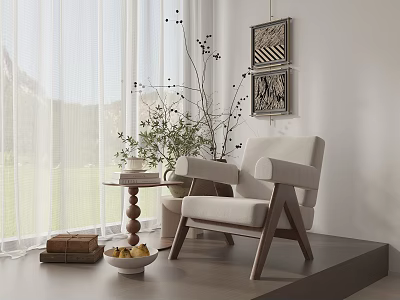 Beige Accent Chair With Wooden Legs Side Table Curtains And Decorative Wall Art 3d model